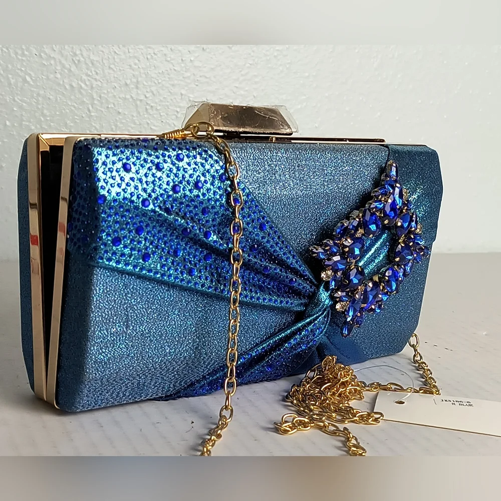 Exquisite Shimmer Multi Blue Satin Evening Clutch Bag Clasp Closure Metallic